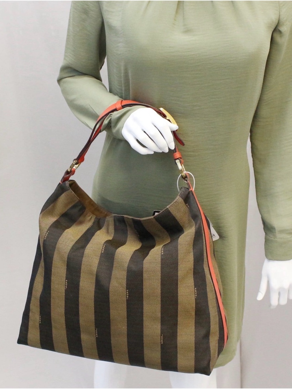 207D - Fendi Pequin Stripe Large Hobo 8BR653 Red Leather FF Buckle Vintage